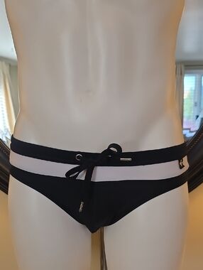 Andrew Christian Black and White Low-Rise Swim Trunks